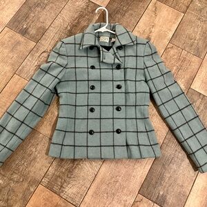 Ann Taylor Women's Teal Plaid Pea Coat Wool Fitted Buttons Classy